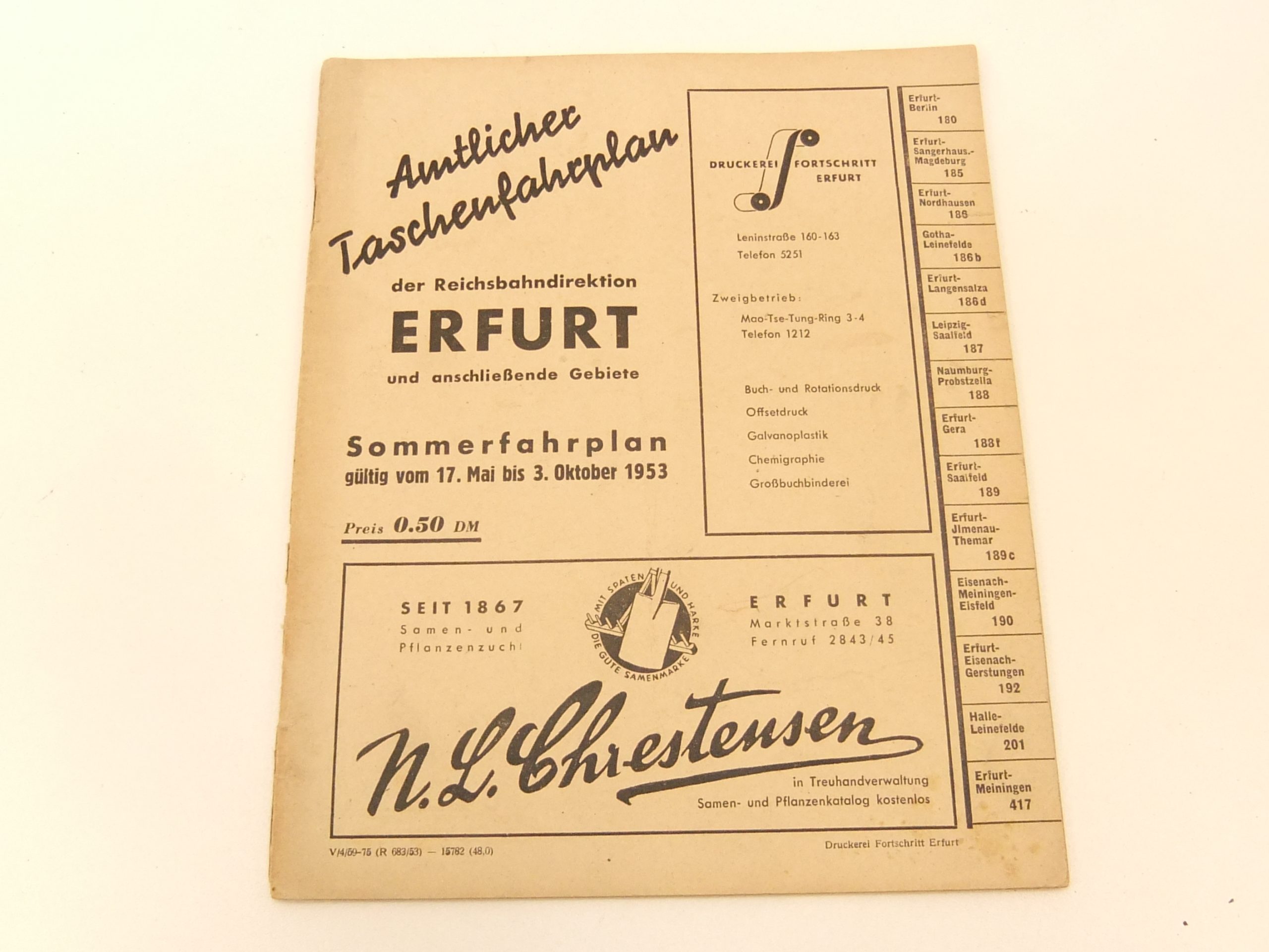 Kursbuch DR Rbd Erfurt Sommerfahrplan 1953