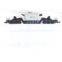 Minitrix N-Spur 6-achs. Tiefladewagen Gattung SSt mit Trafo (grau) ´Trafo Union´